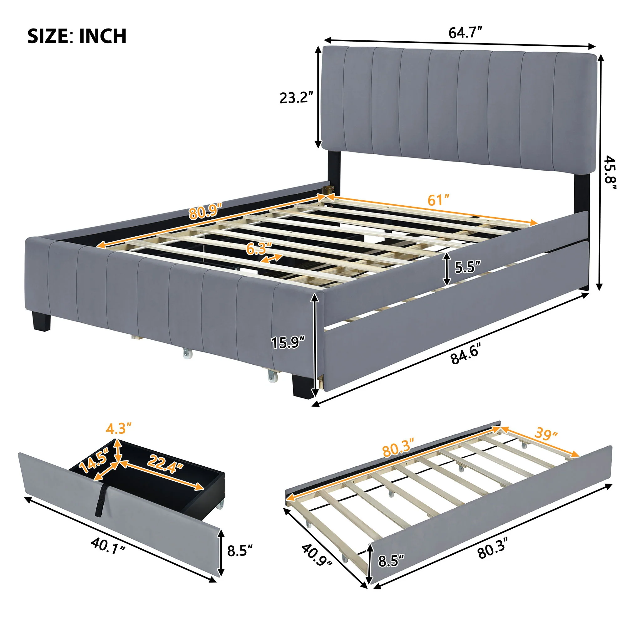 Platform UpholsteredBed With 2 Drawers And Twin Long Trundle - Image 5