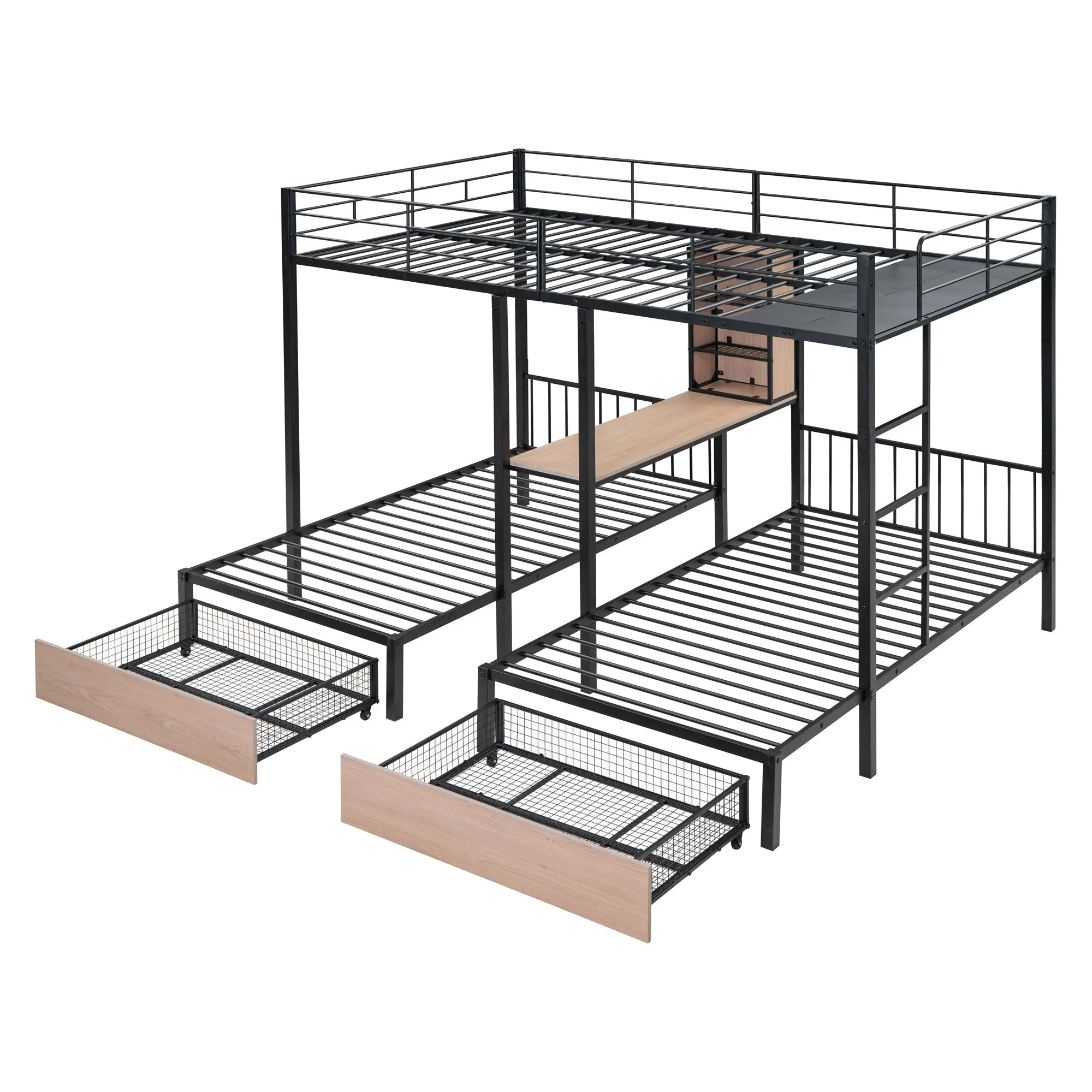 Triple Bunk Bed With Drawers, Multi-Functional Frame With Desks And Shelves In The Middle - Image 5