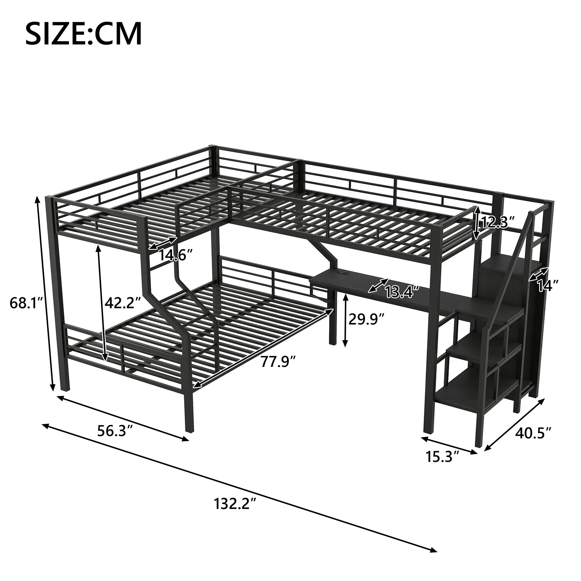 Twin Over Full L Shaped Bunk & Loft Bed With Built-In Wardrobe, Desk, And USB Ports - Black - Image 3