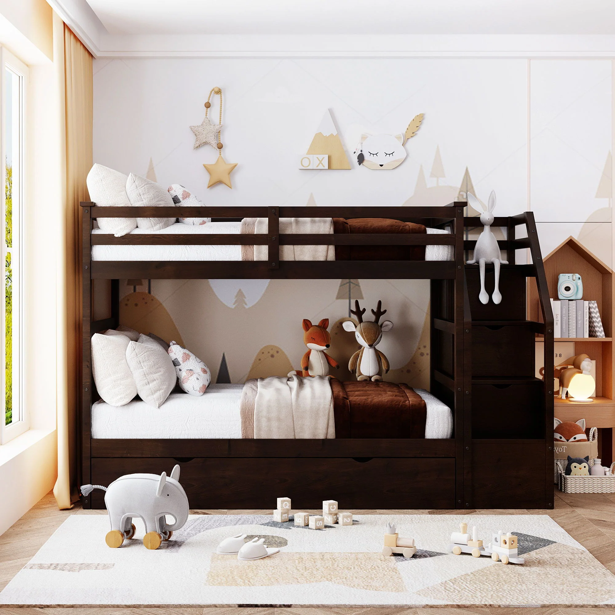 Twin Over Twin Bunk Bed With Twin Size Trundle And 3 Storage Stairs - Espresso - Image 2
