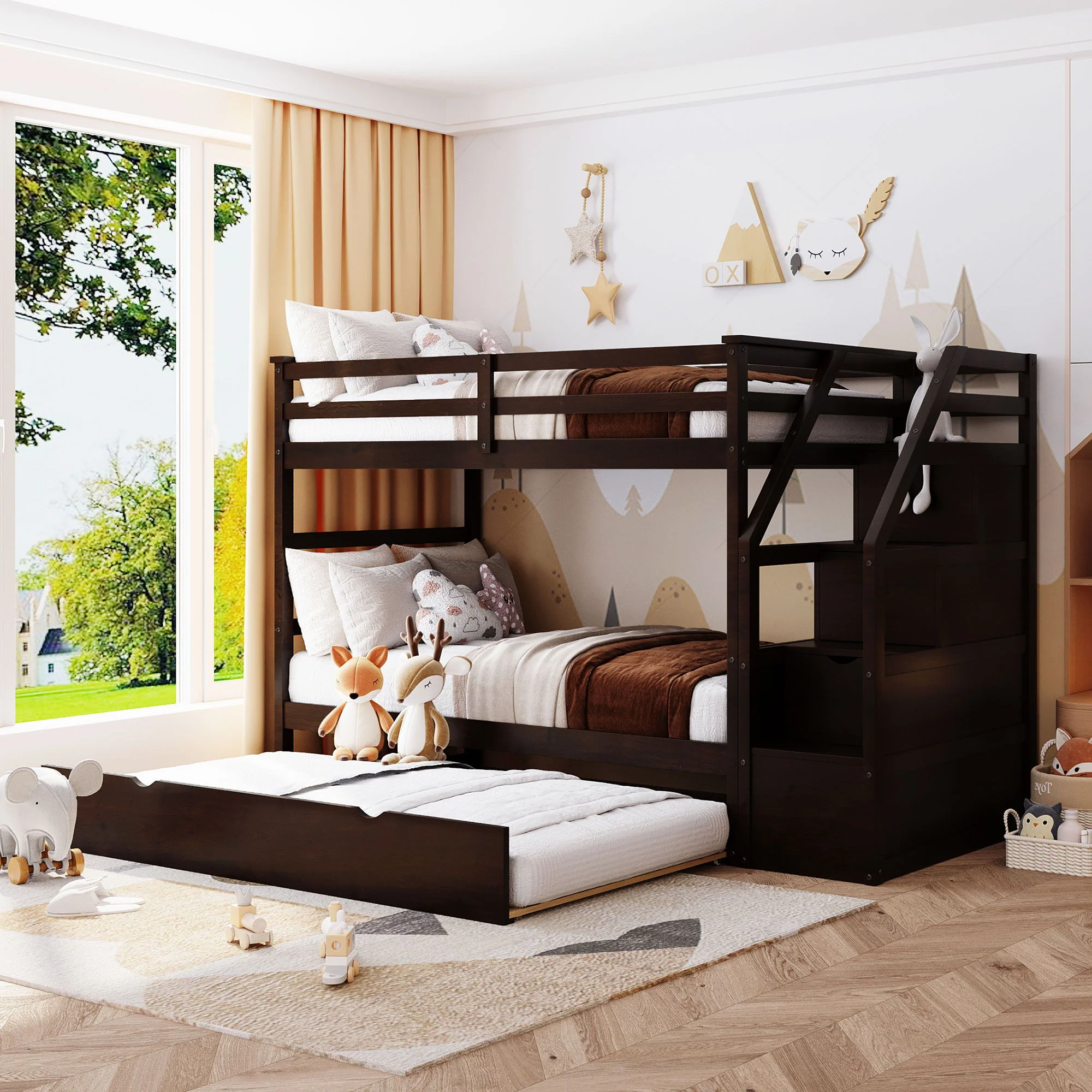 Twin Over Twin Bunk Bed With Twin Size Trundle And 3 Storage Stairs - Espresso - Image 4