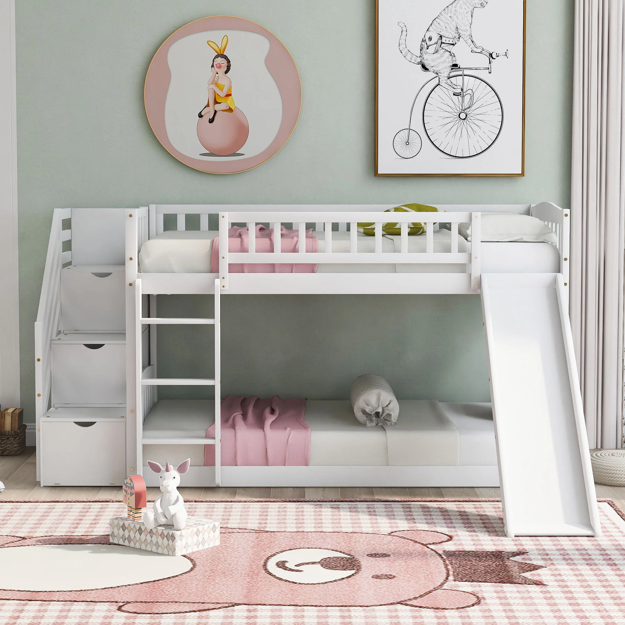 Twin Over Twin Stairway Bunk Bed With Two Drawers And Slide - Image 3
