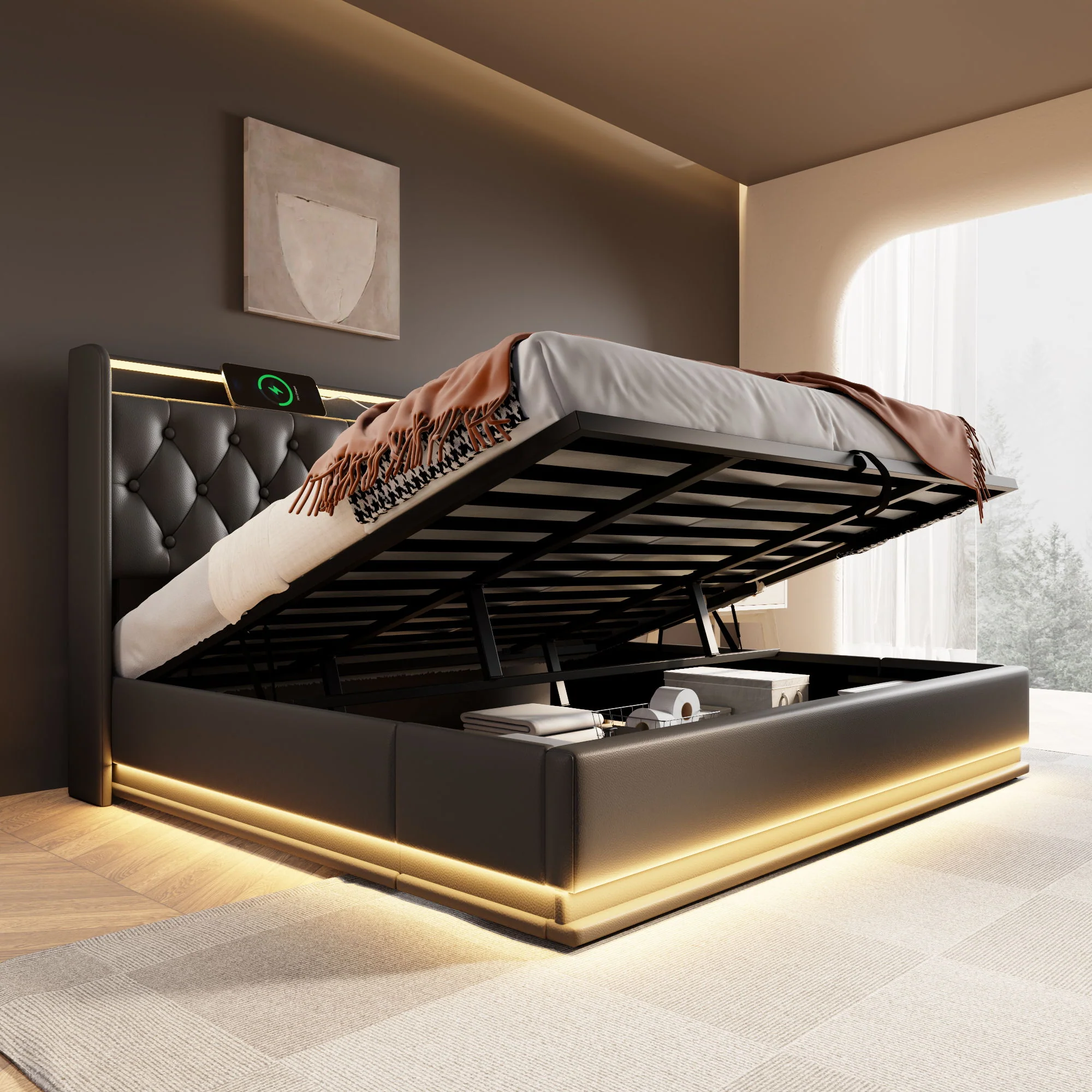 Upholstered Bed, 360 Surround LED Function, Remote Control, Hydraulic Storage Bed With USB, Type-C Charging (Without Mattress) - Image 13