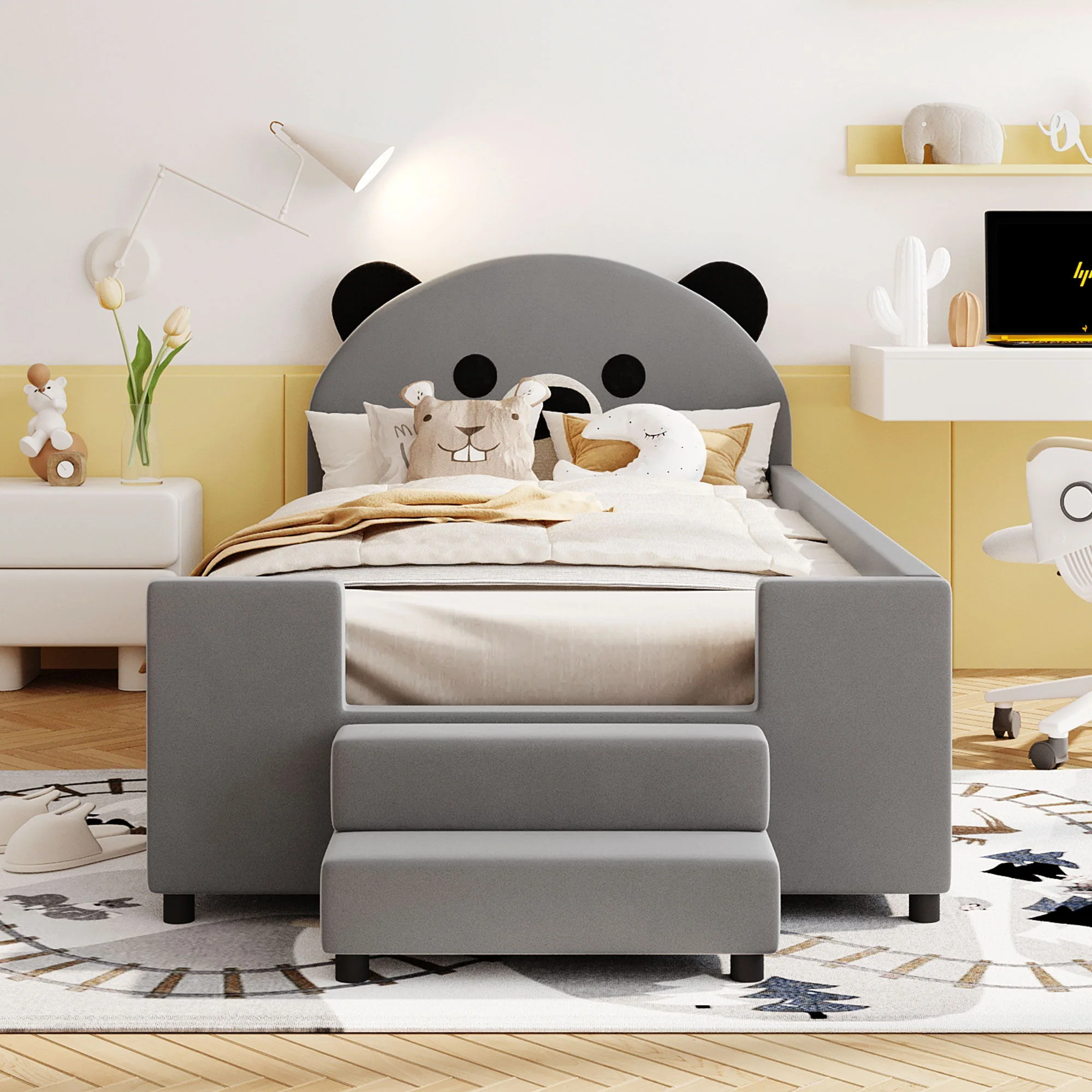 Upholstered Daybed With Bear Shaped Headboard, Hydraulic System And Breathable Fence - Image 7