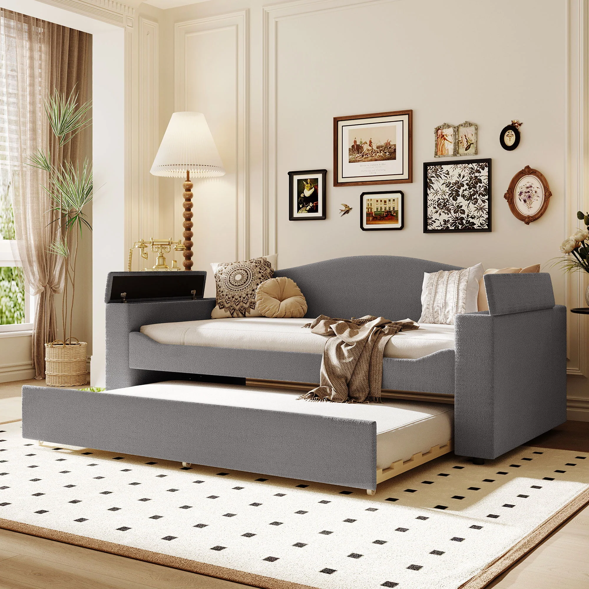 Upholstered Daybed With Storage Armrests, Trundle And Latest Integrated tooth Audio System - Image 2