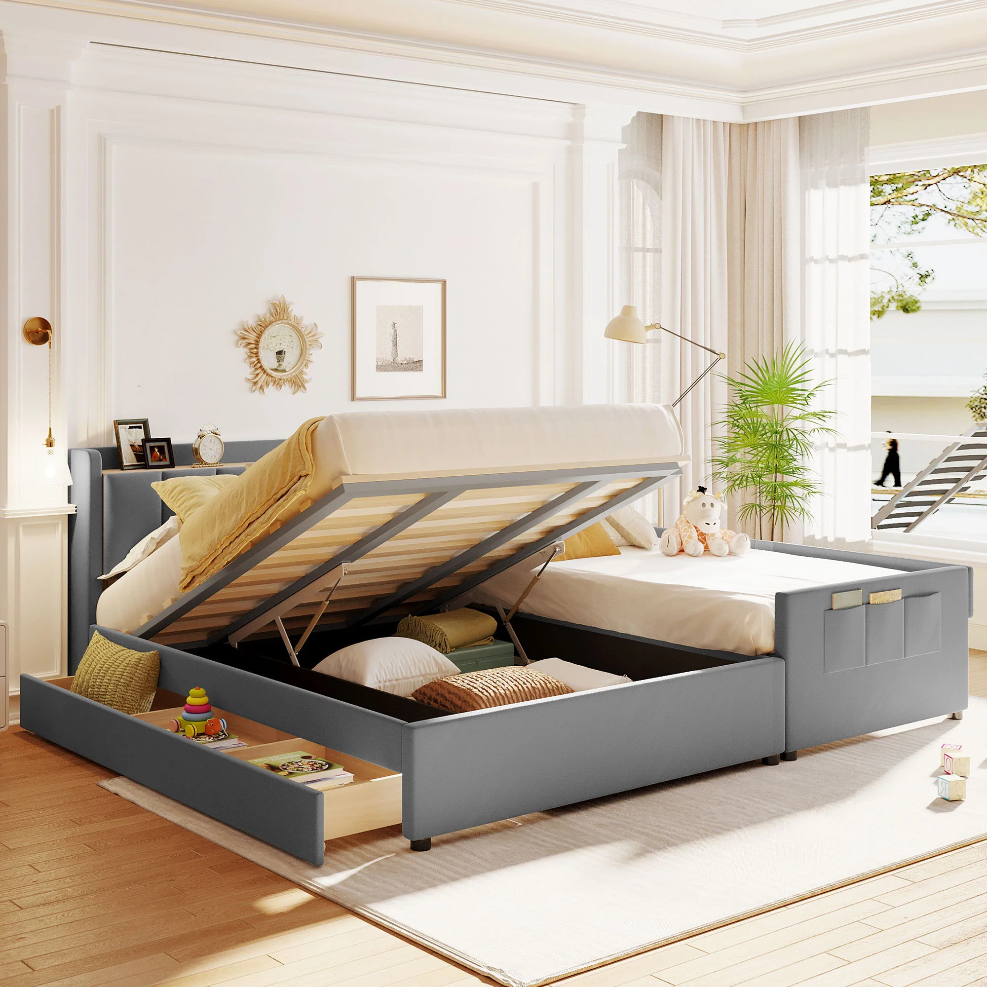 Upholstered Mother & Child Bed With Hydraulic Storage System, Drawer Box, Bedhead Storage Shelf And 2 Pairs Of Sockets & USB Ports