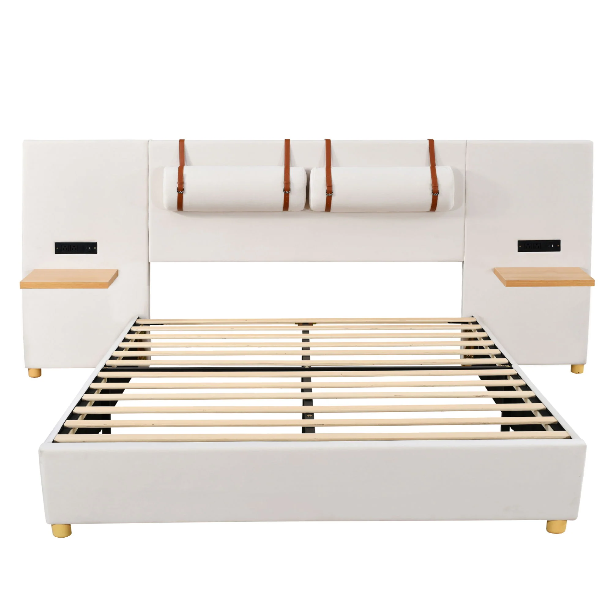 Upholstered Platform Bed, 2 Outlets And USB Charging Ports On Both Sides, 2 Bedside Pillows, Storage Shelves - Image 3