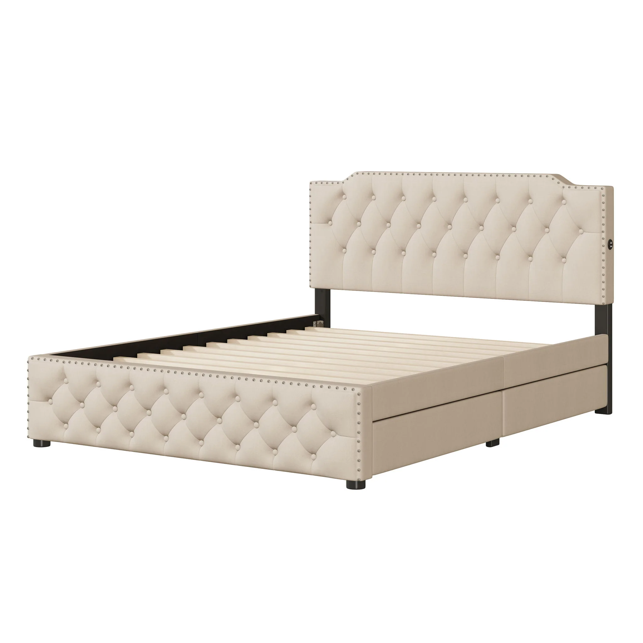 Upholstered Platform Bed With 2 Drawers And 2 Sets Of USB Ports On Each Side, Fabric - Image 3