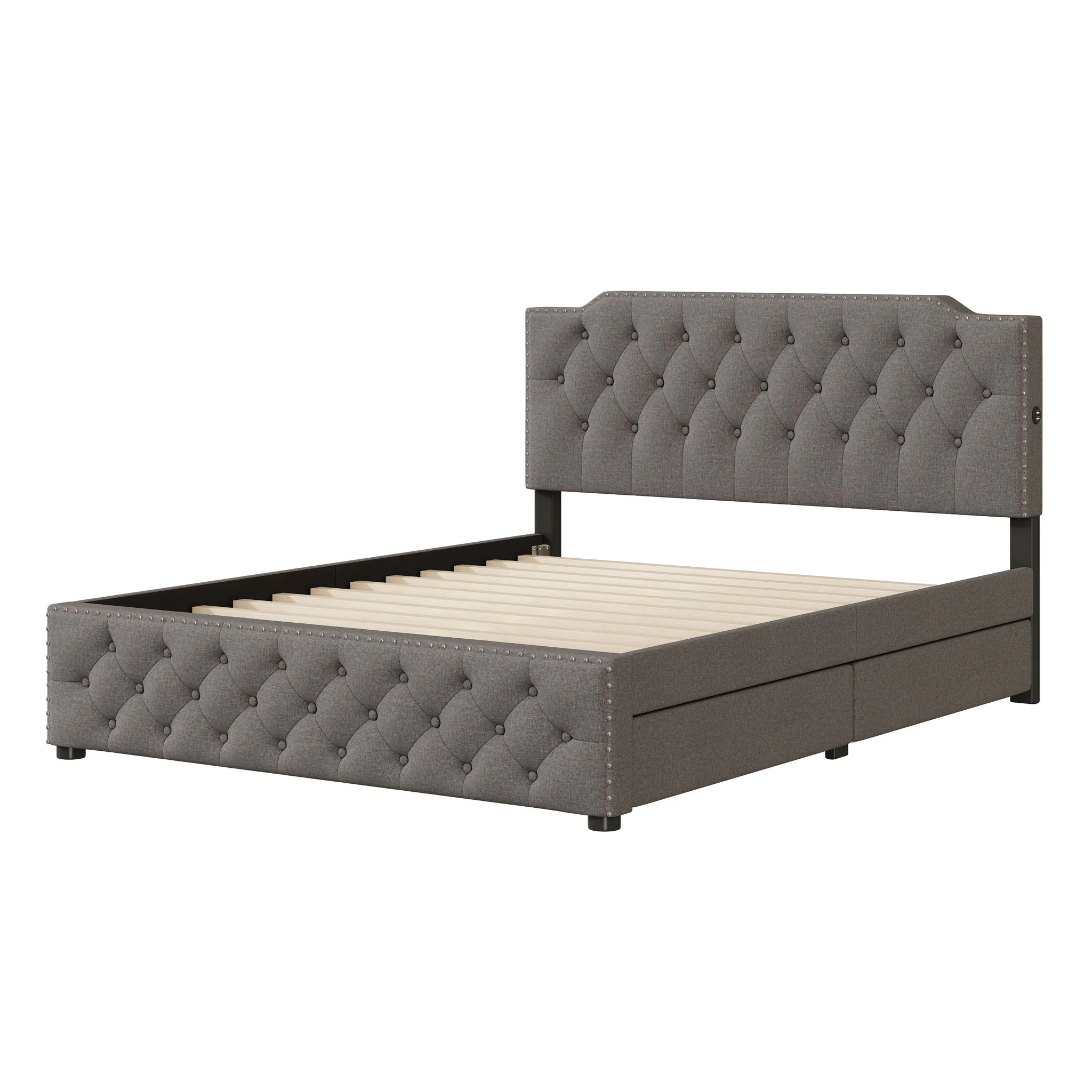 Upholstered Platform Bed With 2 Drawers And 2 Sets Of USB Ports On Each Side, Fabric - Image 8