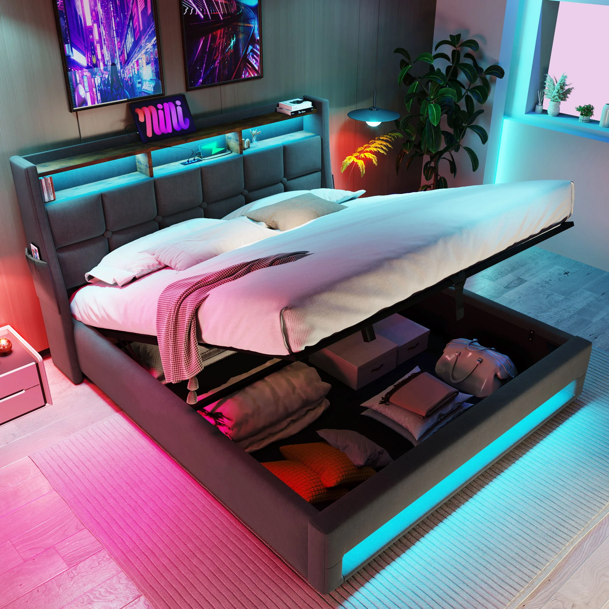 Upholstered Platform Bed With A Hydraulic Storage System, LED And USB Charging (Without Mattress) - Image 10