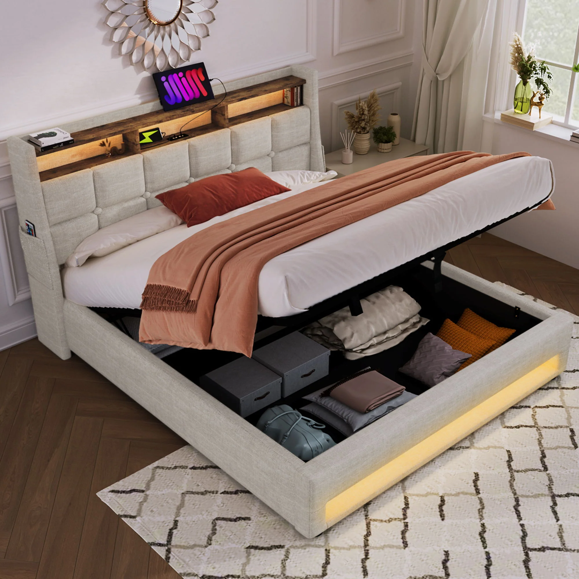 Upholstered Platform Bed With A Hydraulic Storage System, LED And USB Charging (Without Mattress) - Image 5