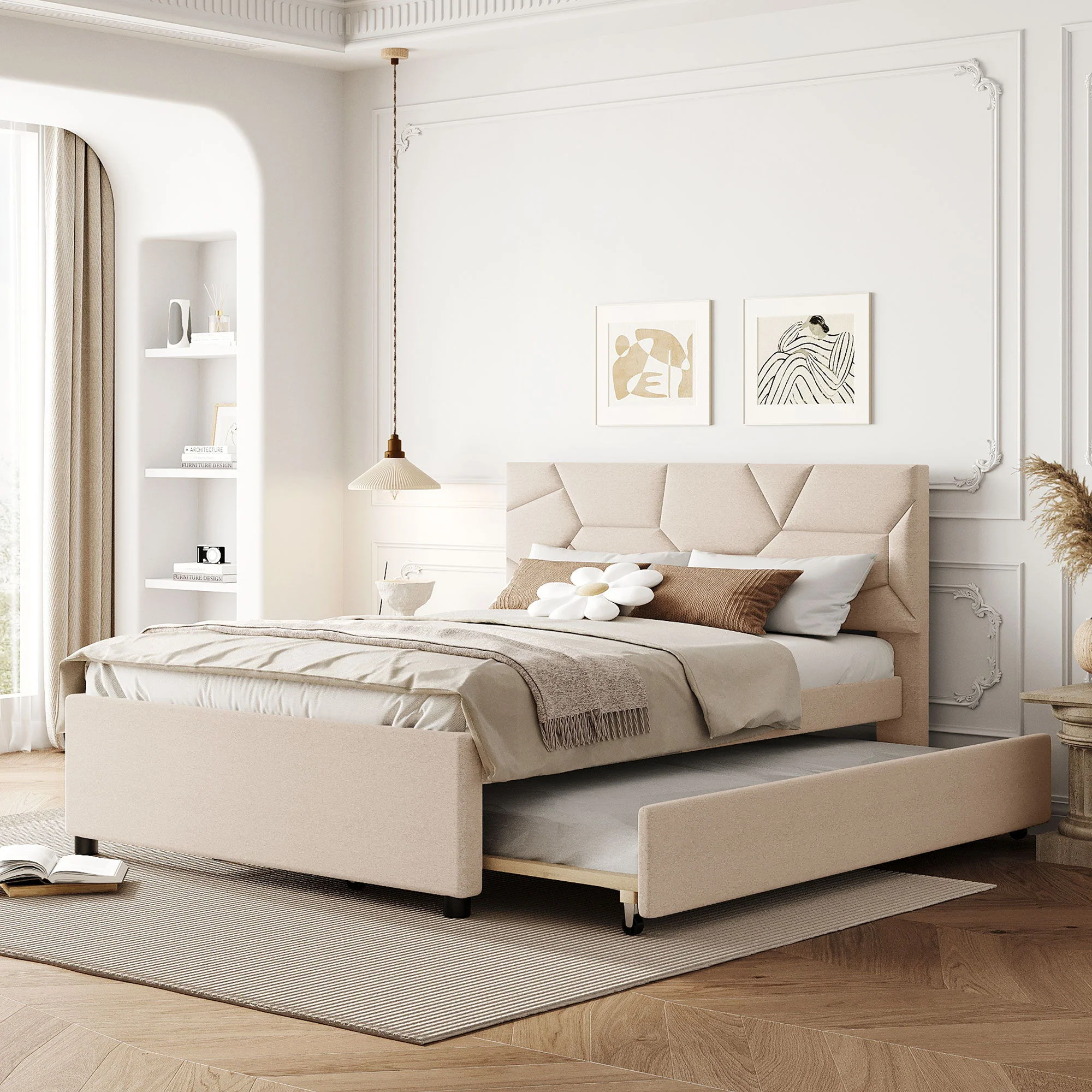 Upholstered Platform Bed With Brick Pattern Headboard And Twin Long Size Trundle
