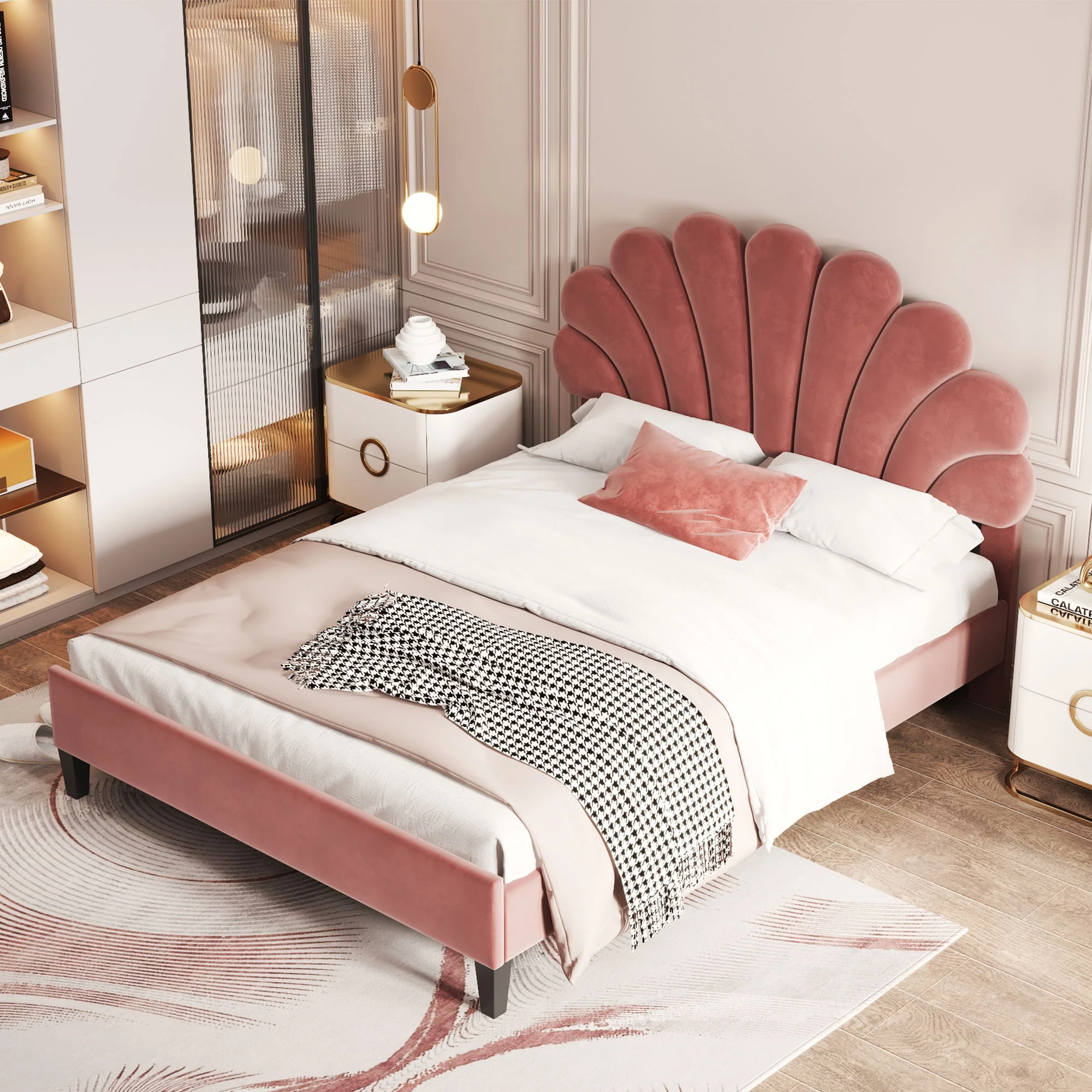 Upholstered Platform Bed With Flower Pattern Headboard - Image 16