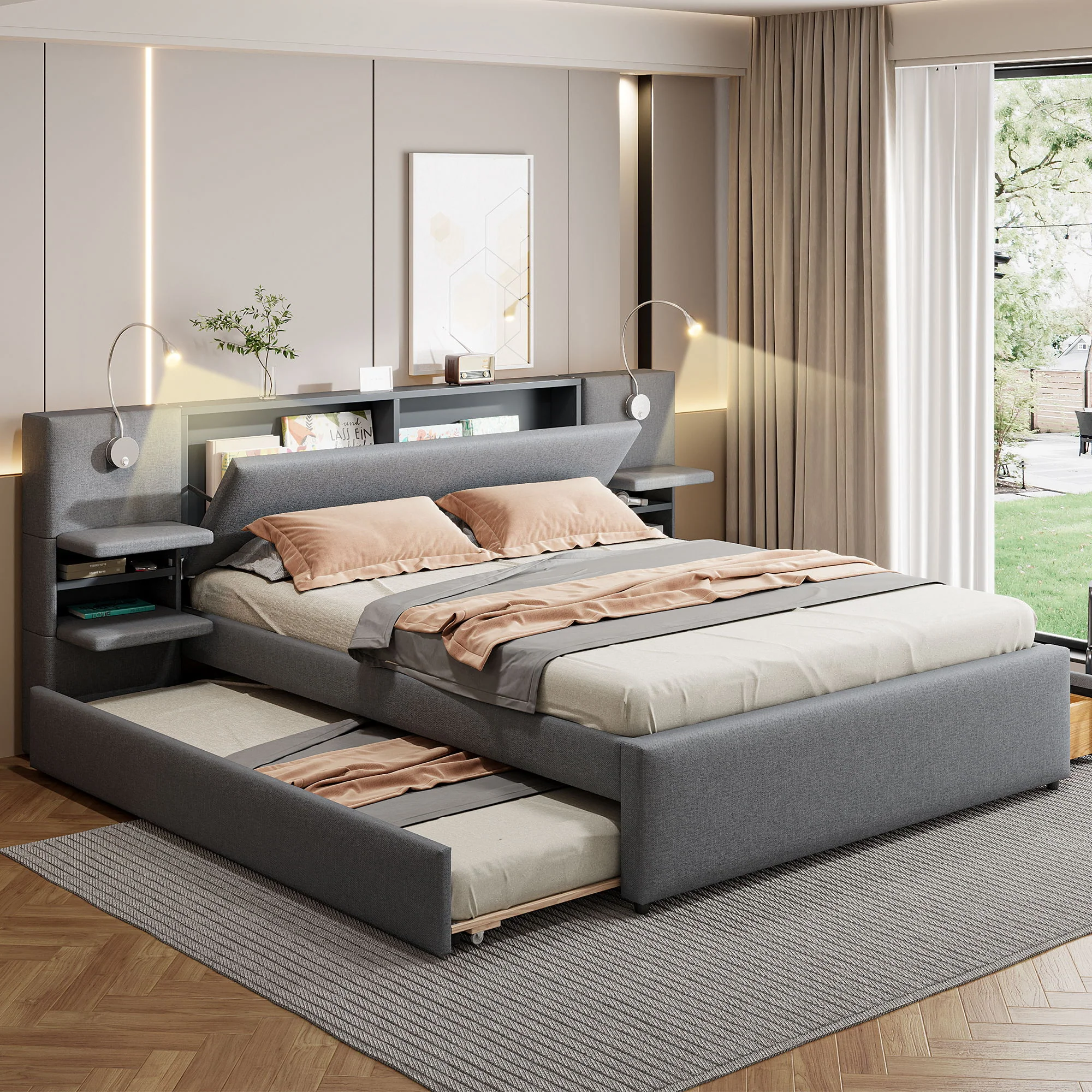 Upholstered Platform Bed With Reading Lights, Drawers, Trundle And Shelves - Image 2