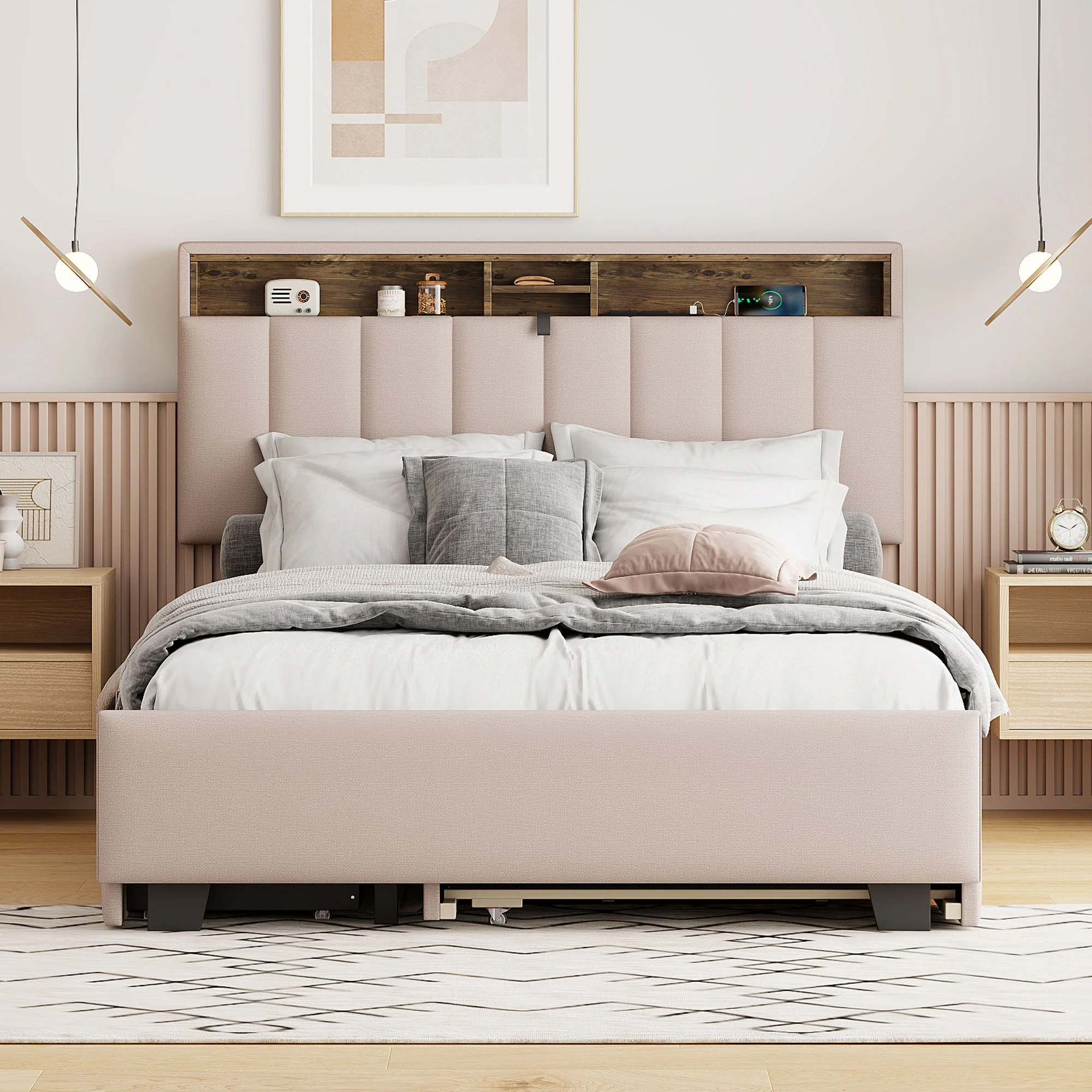 Upholstered Platform Bed With Storage Headboard, Trundle & 2 Drawers And A Set Of Sockets & USB Ports - Image 5