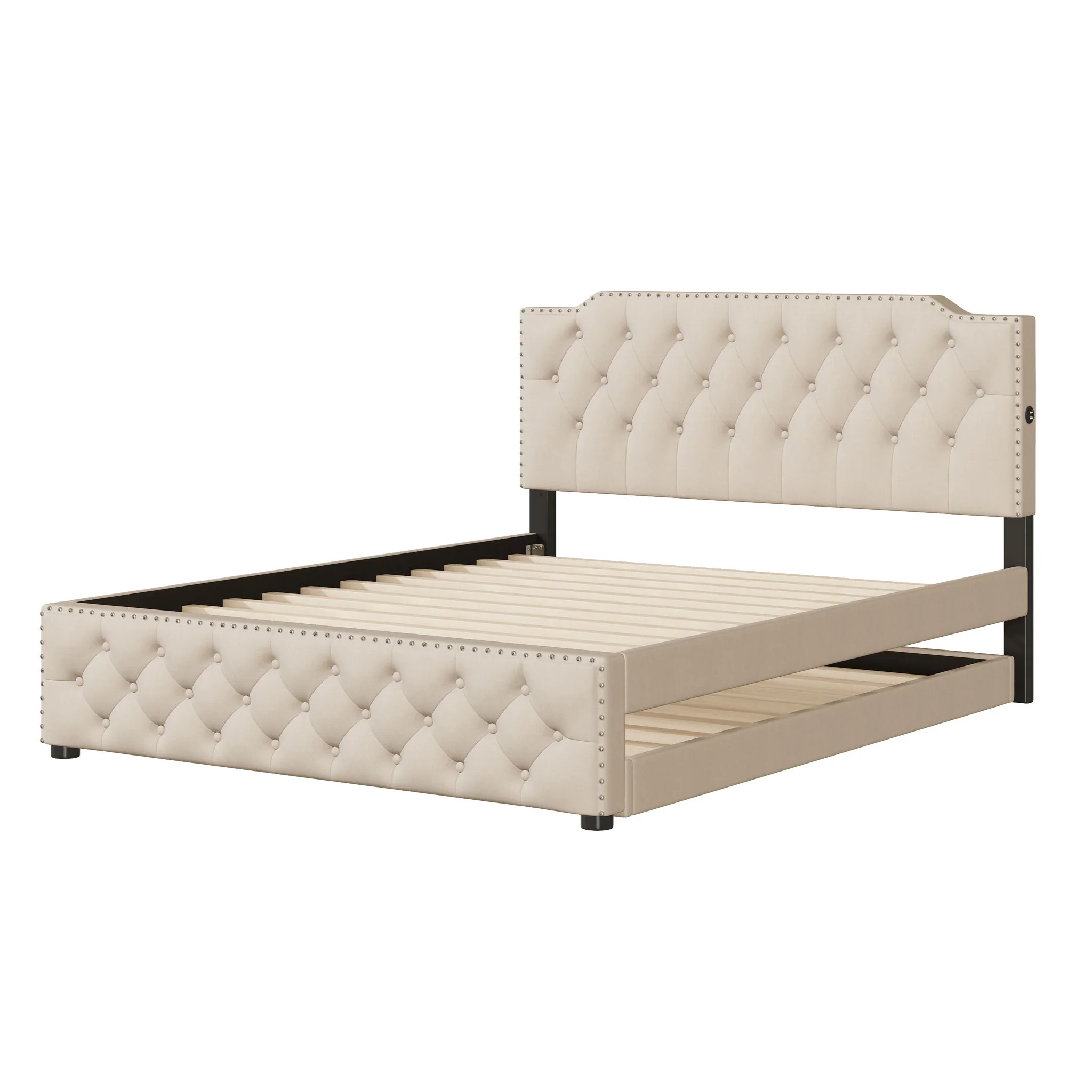 Upholstered Platform Bed With Trundle And 2 Sets Of USB Ports On Each Side, Fabric - Image 5