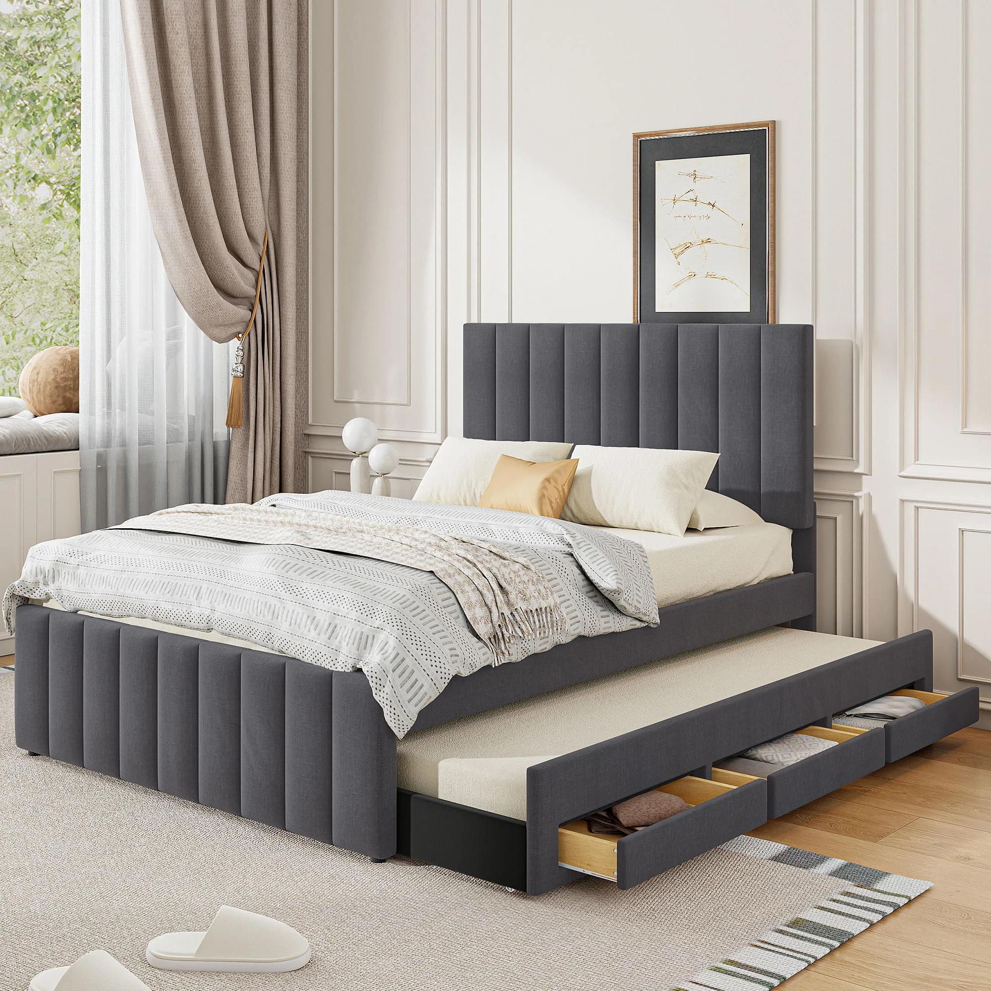 Upholstered Platform Bed With Twin Size Trundle And 3 Drawers - Image 2