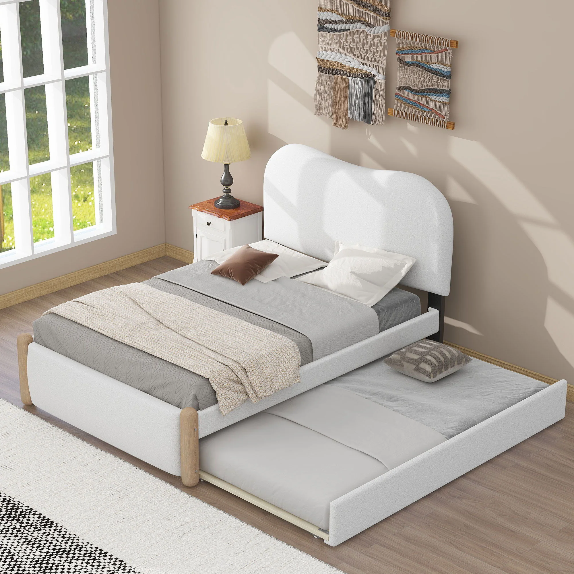 Upholstered Platform Bed With Wood Supporting Feet And Trundle - Image 10