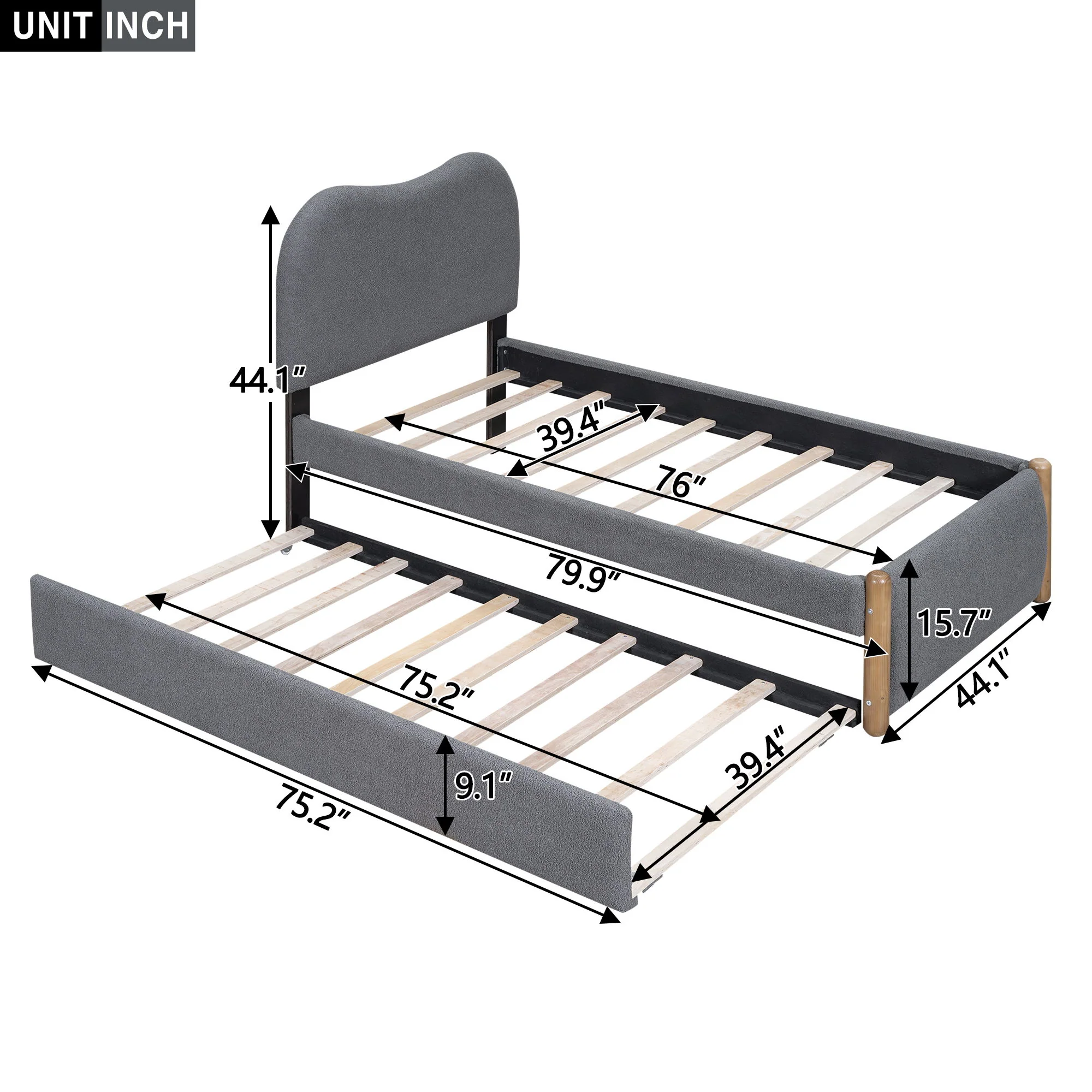 Upholstered Platform Bed With Wood Supporting Feet And Trundle - Image 12