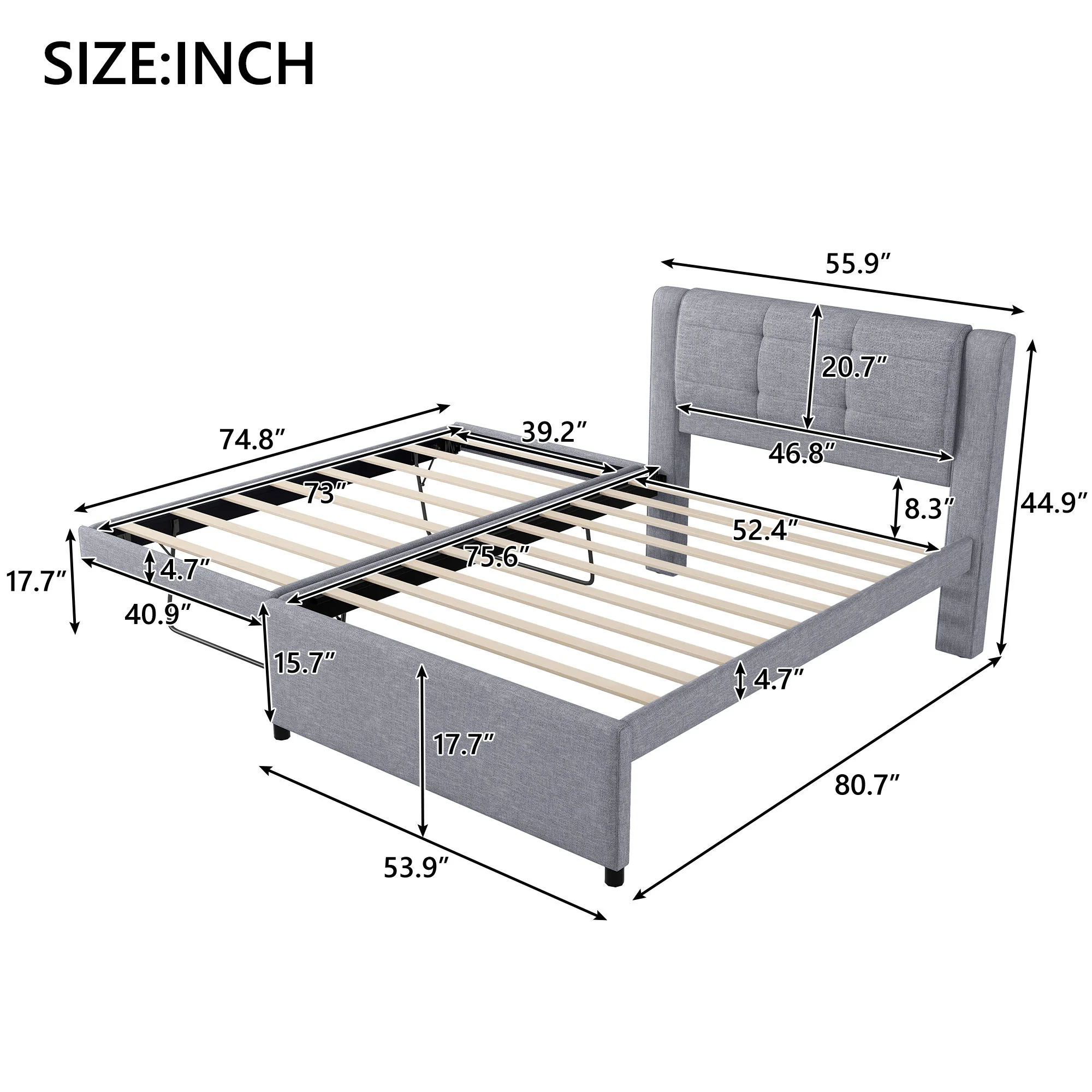 Upholstery Platform Bed With Trundle, Trundle Can Be Flat Or Erected - Image 7